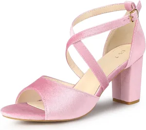 Perphy Cross Strap Velvet Block Heel Sandals for Women
