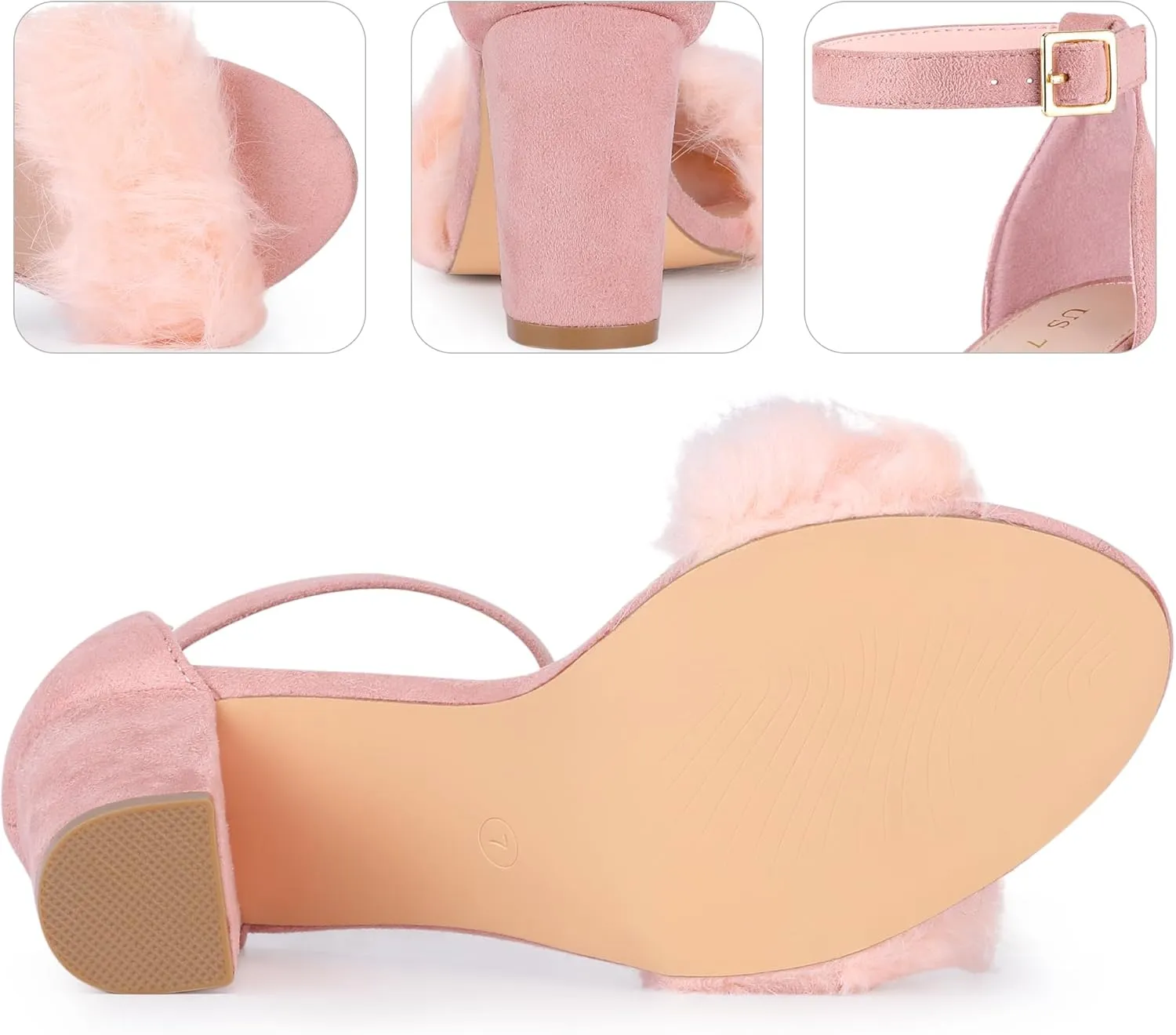 Perphy Fluffy Feather Ankle Strap Block Heel Fur Heels Sandal for Women