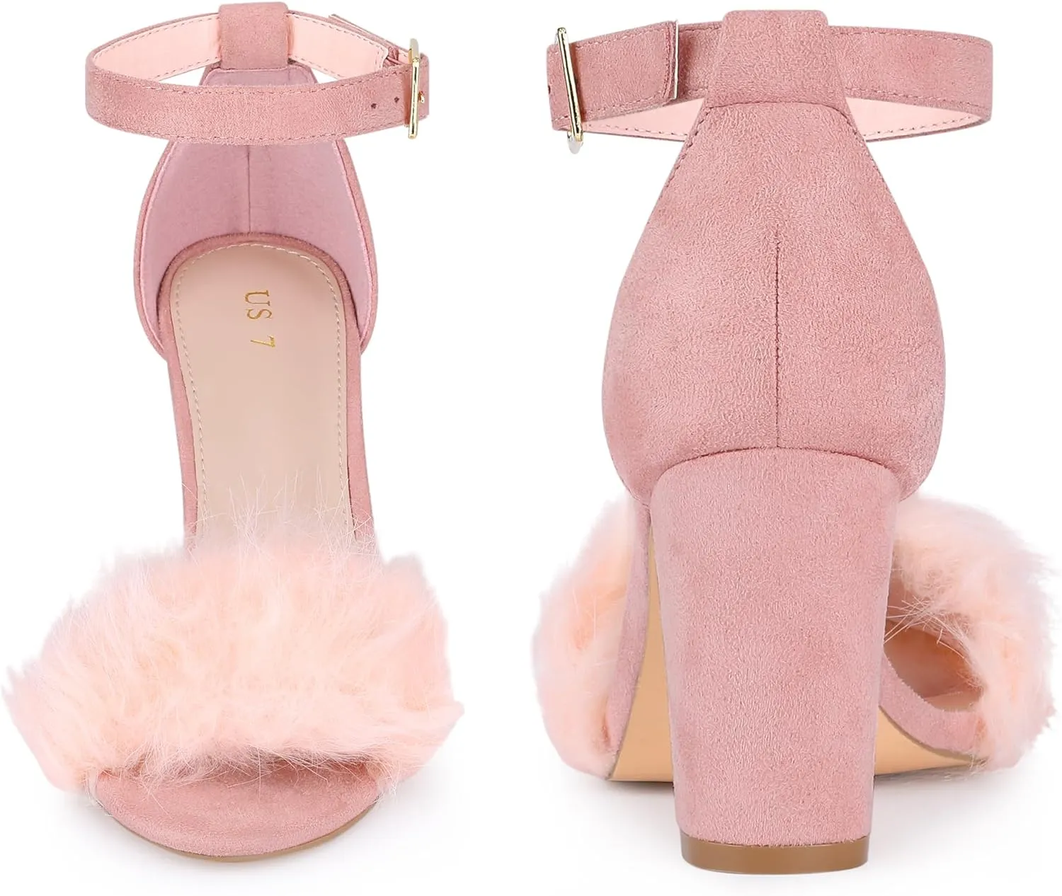 Perphy Fluffy Feather Ankle Strap Block Heel Fur Heels Sandal for Women