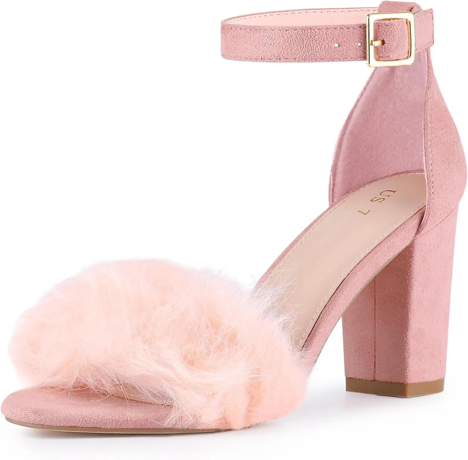 Perphy Fluffy Feather Ankle Strap Block Heel Fur Heels Sandal for Women