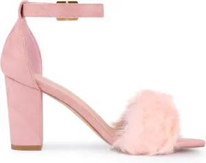 Perphy Fluffy Feather Ankle Strap Block Heel Fur Heels Sandal for Women