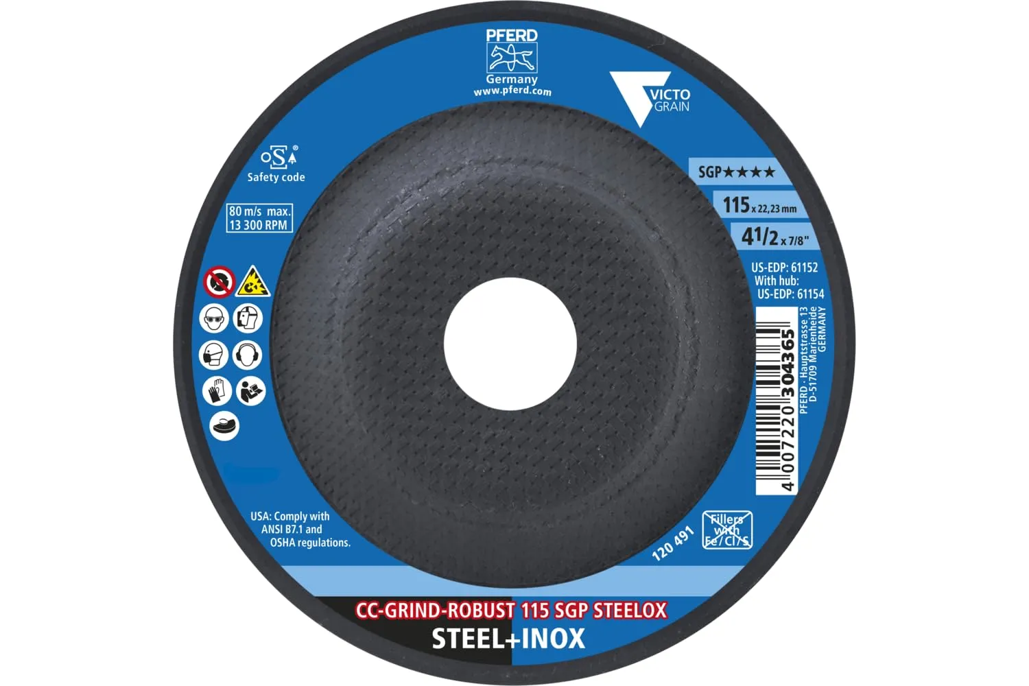 PFERD CC-Grind®-Robust, 4-1/2" x 7/8" - SGP STEELOX VICTOGRAIN® Ceramic - High-Performance Abrasive Disc for Aggressive Grinding Grinding Disc - Part 61152 (Pack of 10)