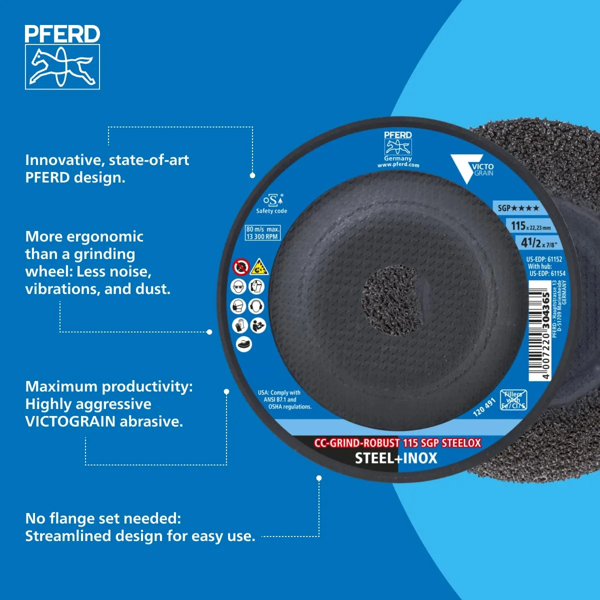 PFERD CC-Grind®-Robust, 4-1/2" x 7/8" - SGP STEELOX VICTOGRAIN® Ceramic - High-Performance Abrasive Disc for Aggressive Grinding Grinding Disc - Part 61152 (Pack of 10)