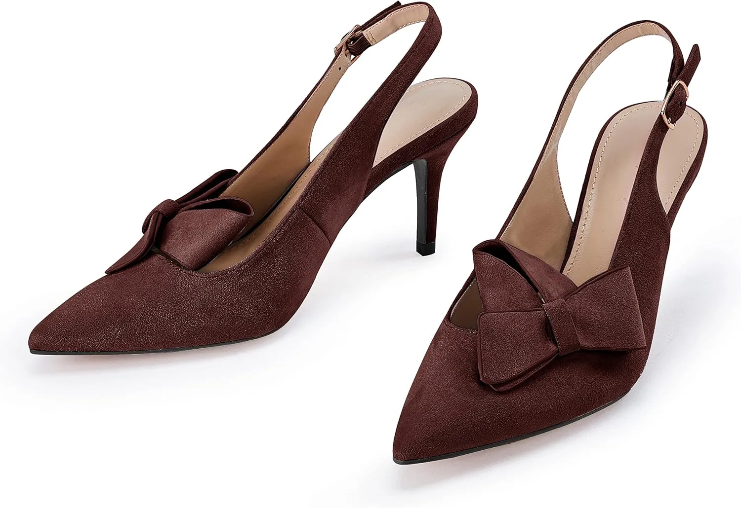 PiePieBuy Womens Pointed Toe Slingback Pumps Mid Heel Bow Stilettos Sandals Faux Suede Wedding Party Dress Shoes