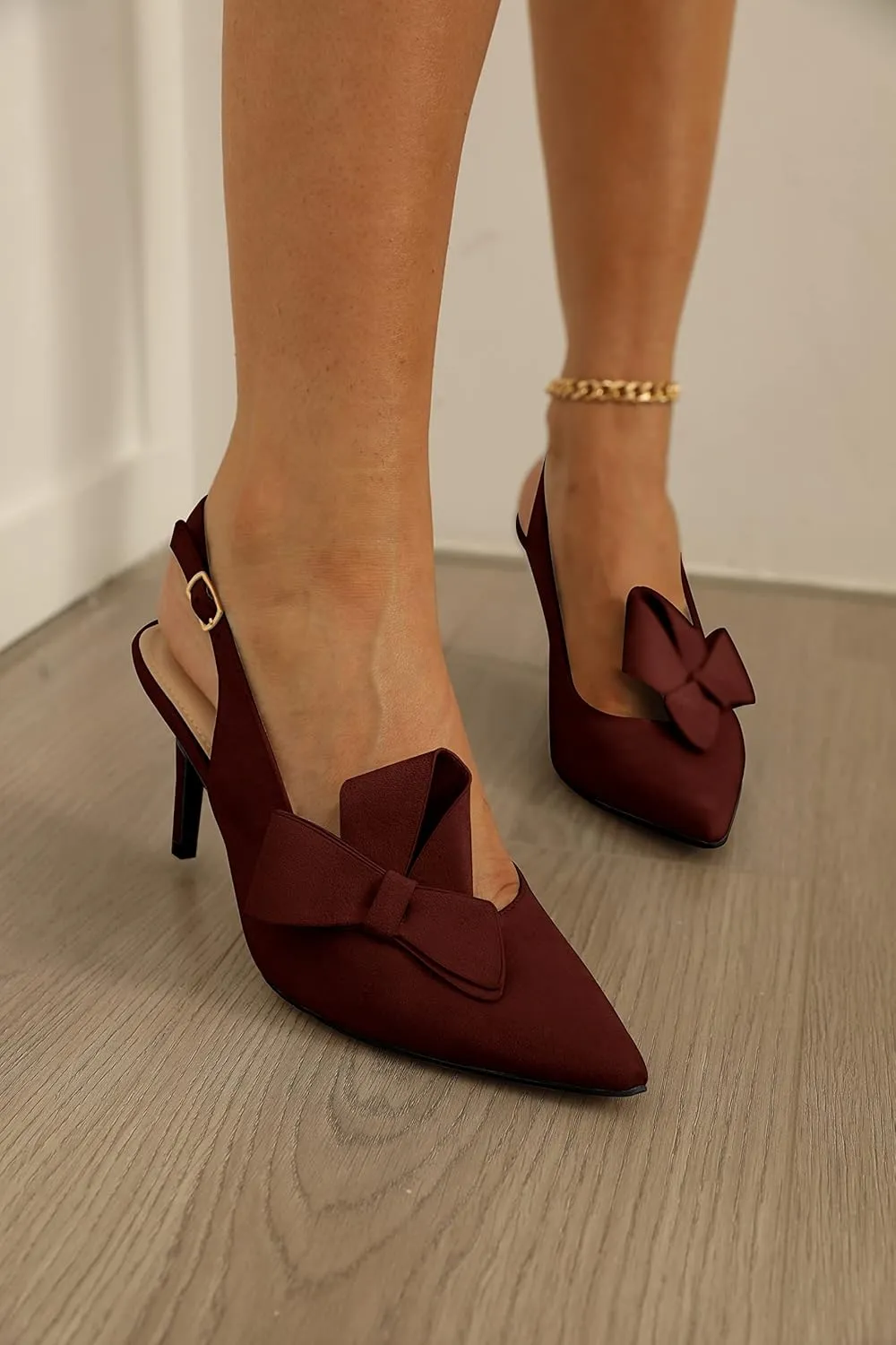 PiePieBuy Womens Pointed Toe Slingback Pumps Mid Heel Bow Stilettos Sandals Faux Suede Wedding Party Dress Shoes