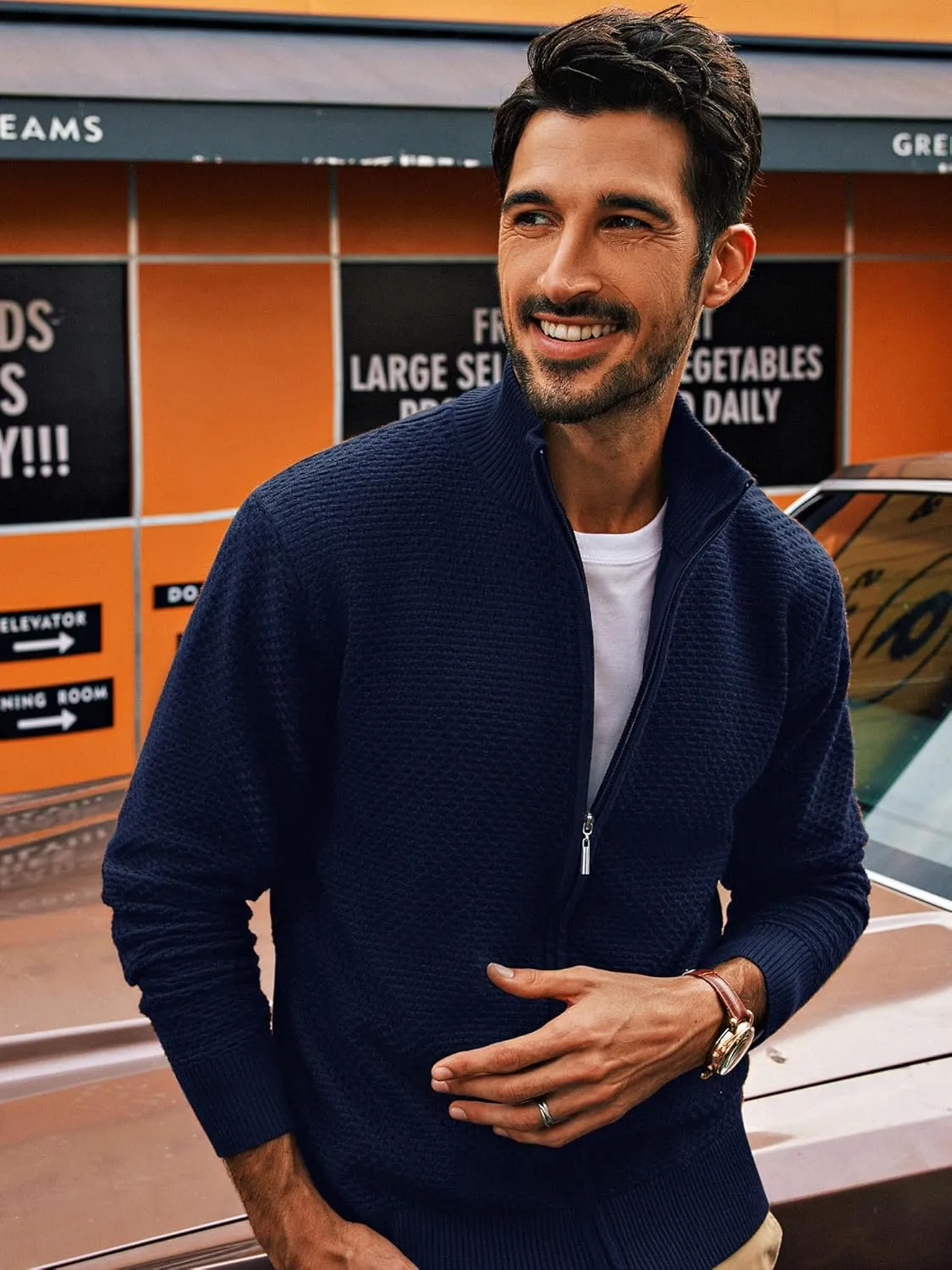 PJ PAUL JONES Men's Full Zip Cardigan Sweaters Casual Stand Collar Cardigan Slim Fit Knitted Sweater