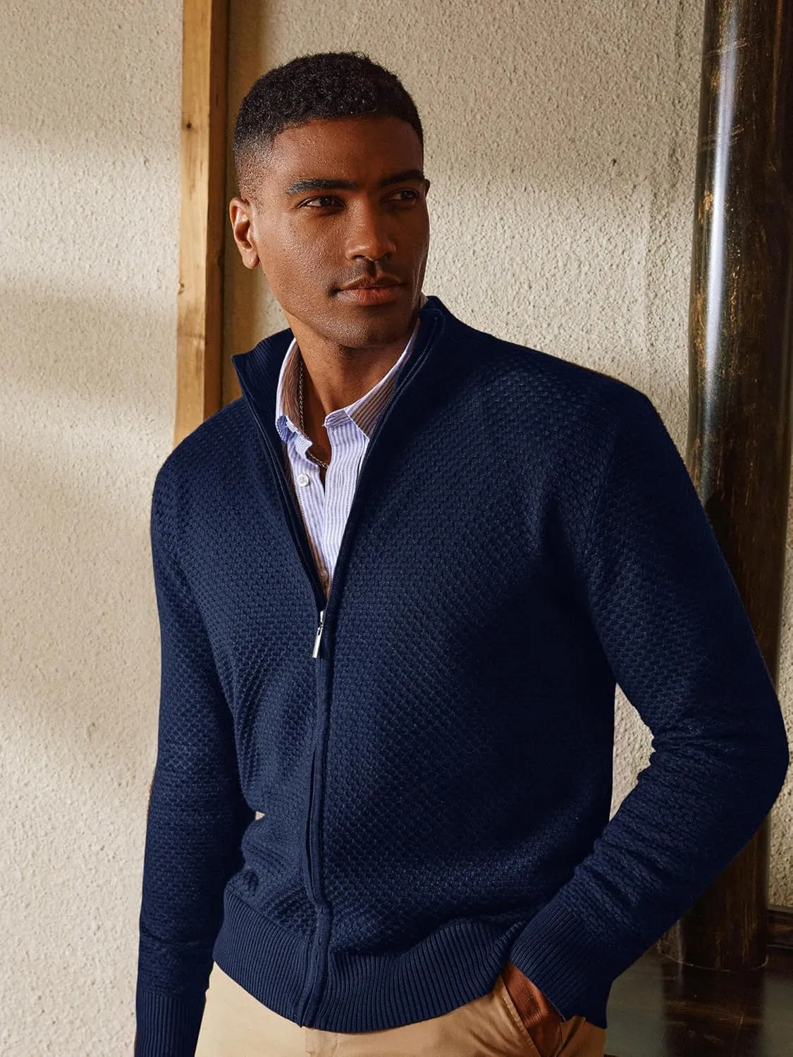 PJ PAUL JONES Men's Full Zip Cardigan Sweaters Casual Stand Collar Cardigan Slim Fit Knitted Sweater