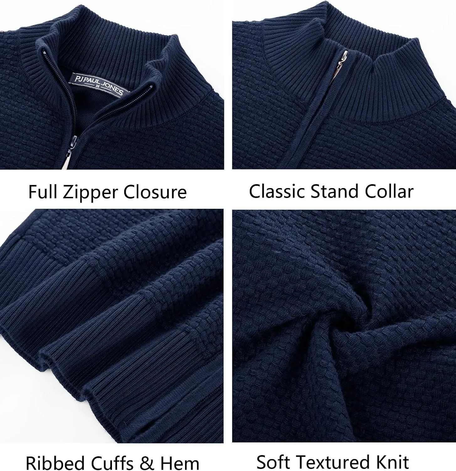 PJ PAUL JONES Men's Full Zip Cardigan Sweaters Casual Stand Collar Cardigan Slim Fit Knitted Sweater