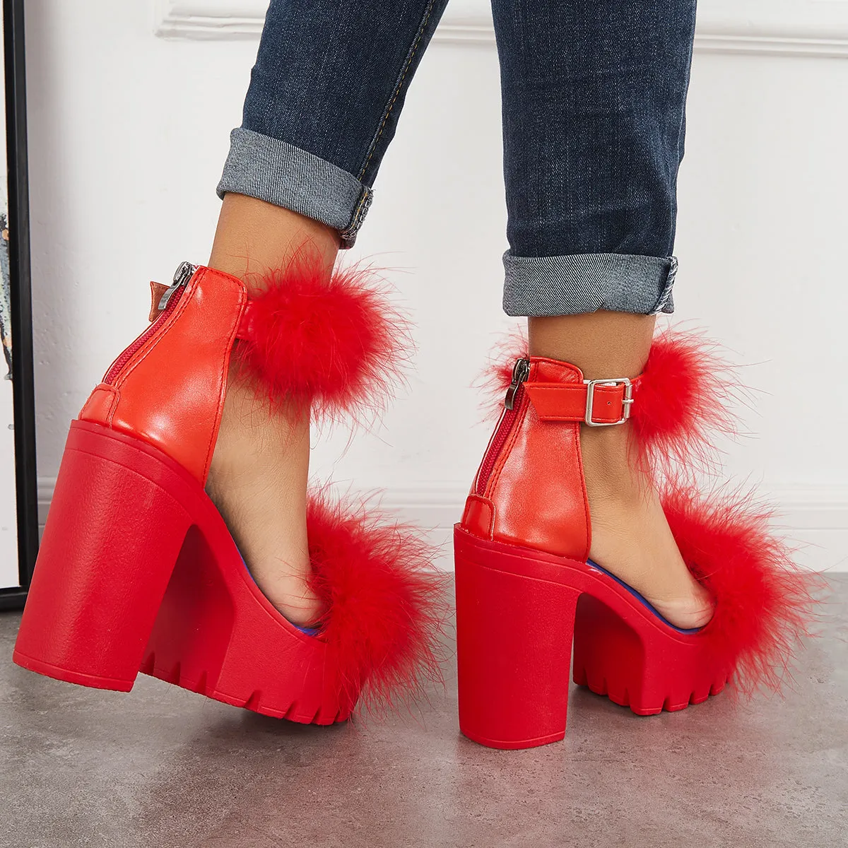 Platform Heels Strap Ending soon Ankle Bargain Furry Sandals Toe Chunky High Open