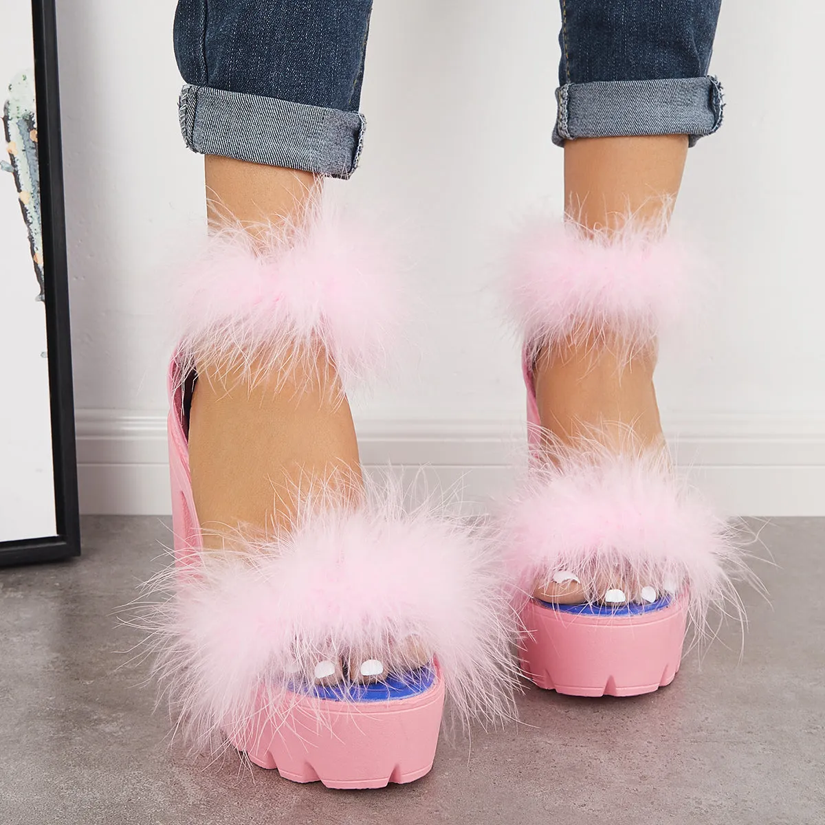 Platform Heels Strap Ending soon Ankle Bargain Furry Sandals Toe Chunky High Open