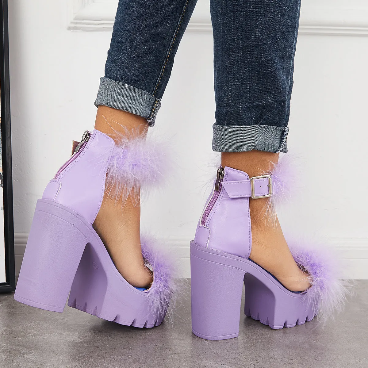 Platform Heels Strap Ending soon Ankle Bargain Furry Sandals Toe Chunky High Open