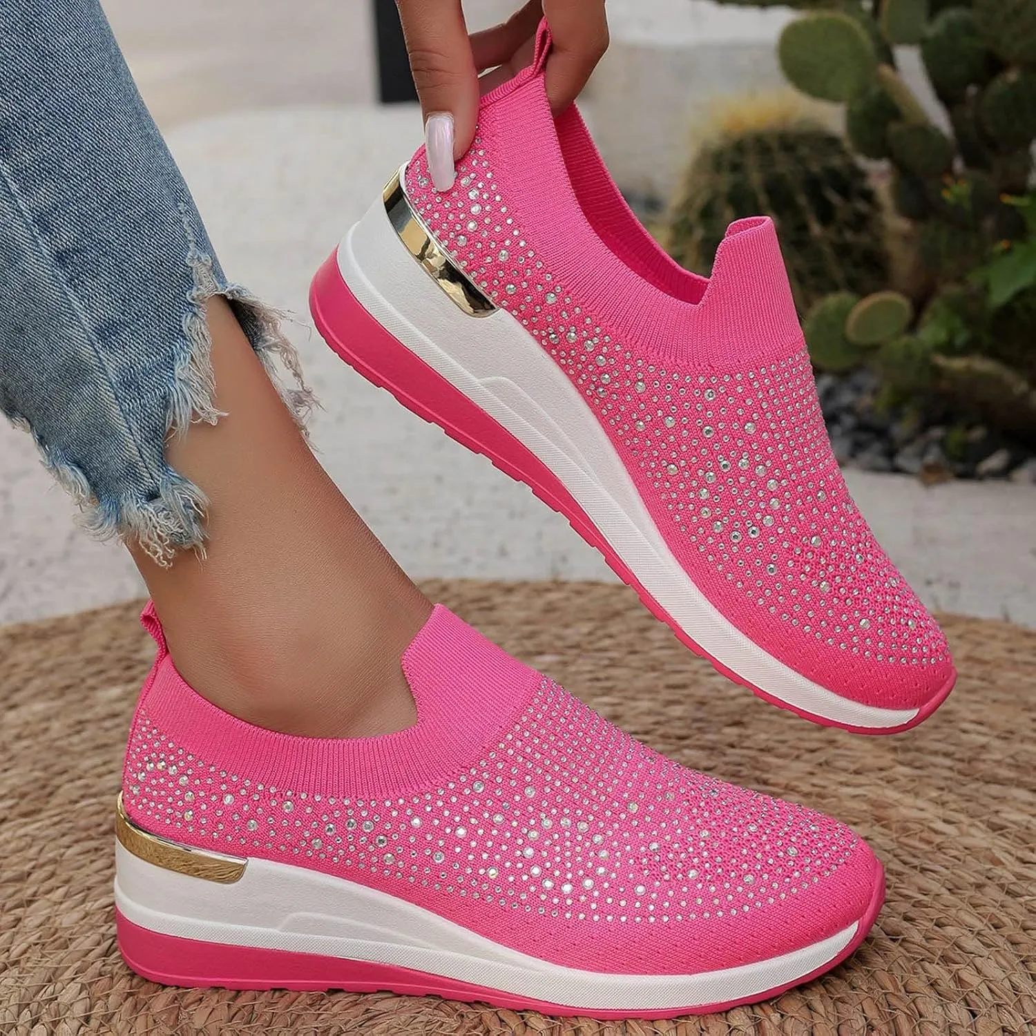 Platform Sneakers for Women Slip On,Breathable Mesh Casual Shoes Rhinestone Sparkly Shoes Wide Width Walking Shoes
