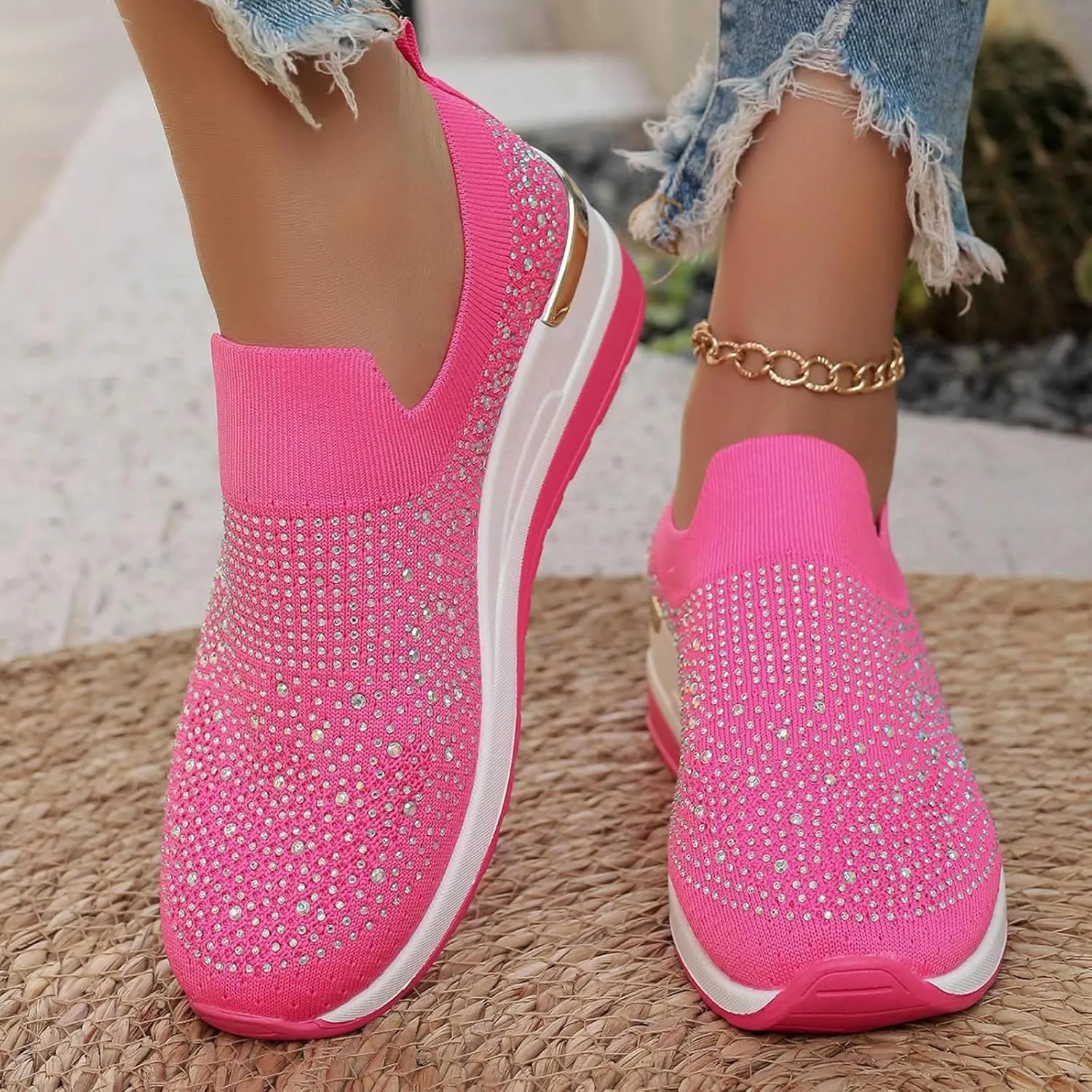 Platform Sneakers for Women Slip On,Breathable Mesh Casual Shoes Rhinestone Sparkly Shoes Wide Width Walking Shoes