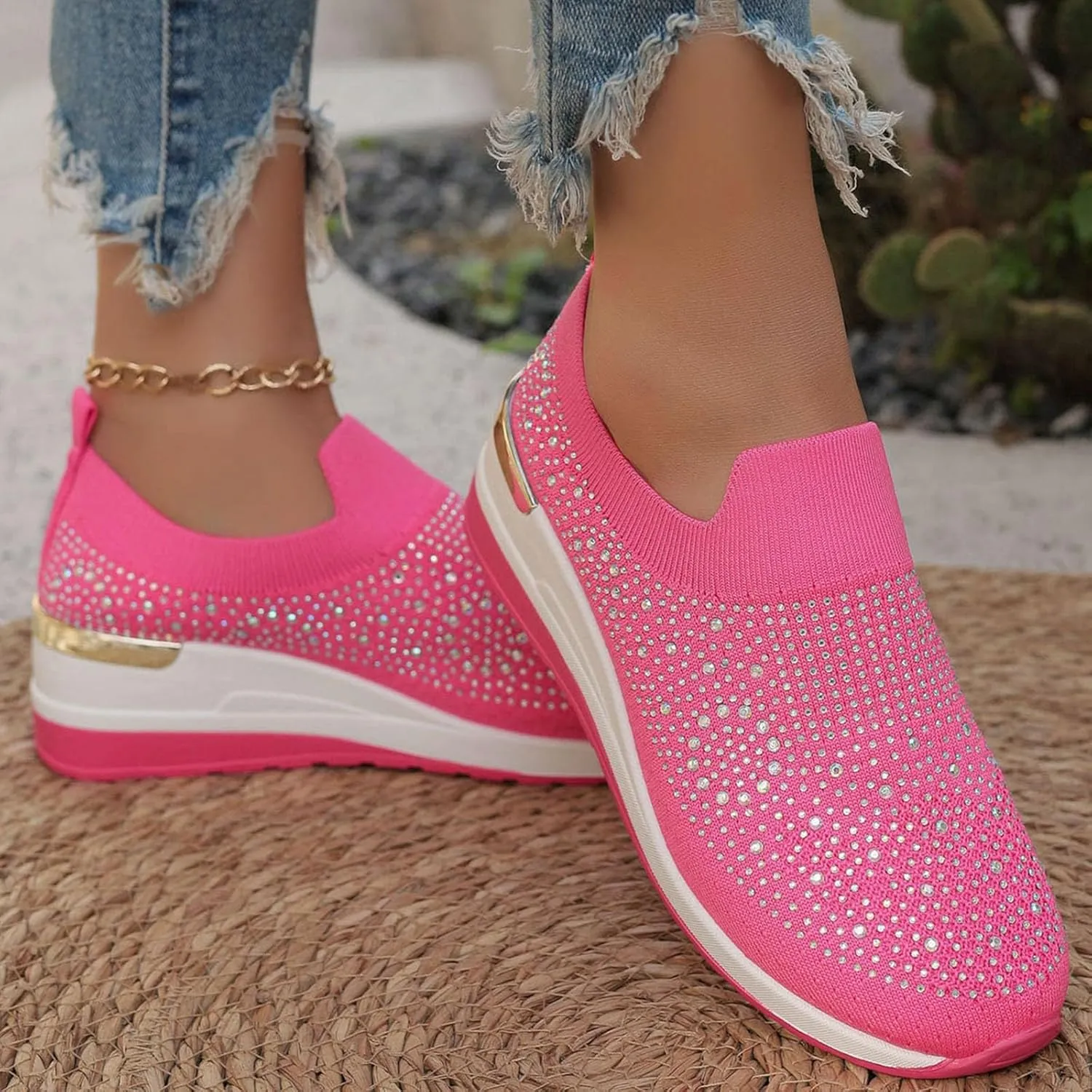 Platform Sneakers for Women Slip On,Breathable Mesh Casual Shoes Rhinestone Sparkly Shoes Wide Width Walking Shoes
