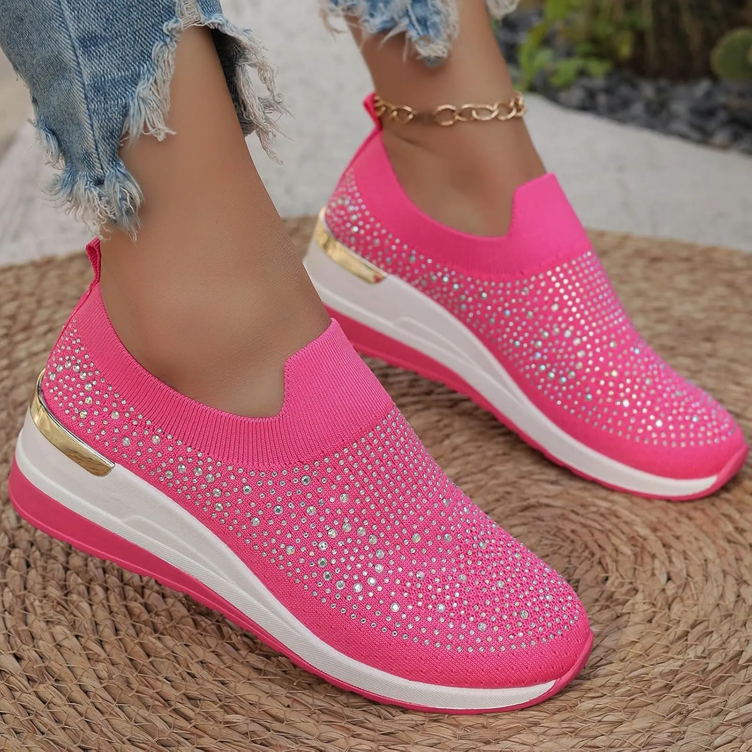Platform Sneakers for Women Slip On,Breathable Mesh Casual Shoes Rhinestone Sparkly Shoes Wide Width Walking Shoes
