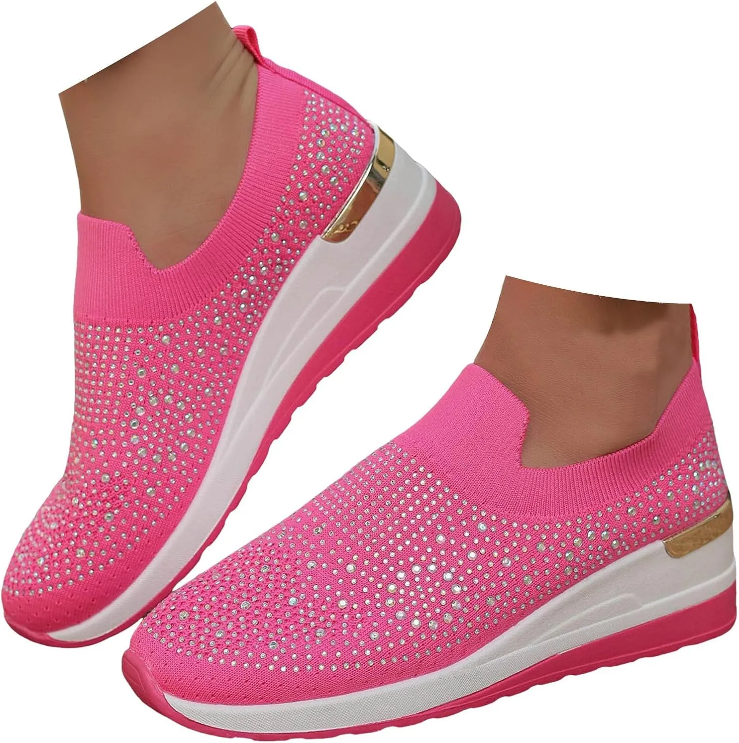 Platform Sneakers for Women Slip On,Breathable Mesh Casual Shoes Rhinestone Sparkly Shoes Wide Width Walking Shoes
