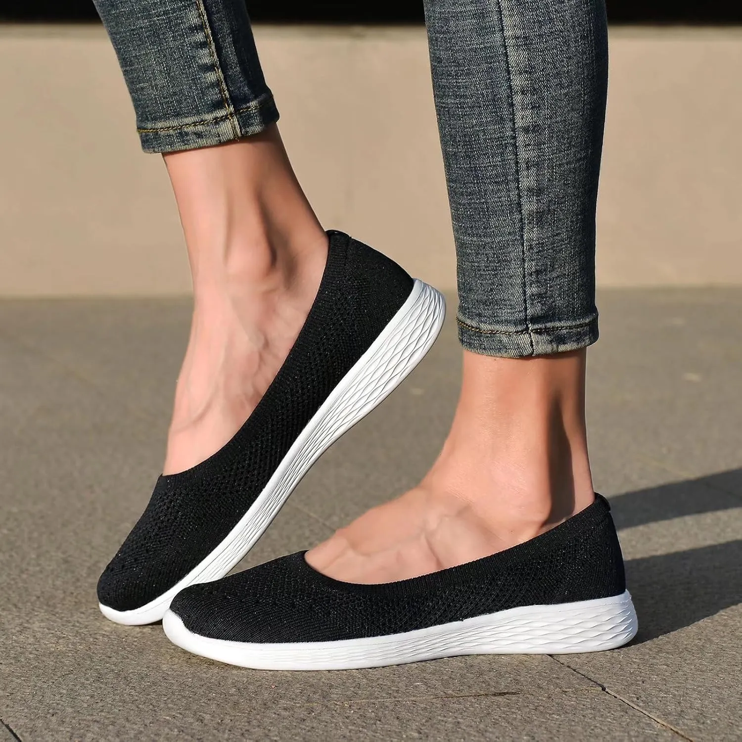 poemlady Women's Slip on Loafer Shoes - Mesh Casual Ballet Flat Nurse Walking Sneakers Round Toe Knit Casual Memory Foam Shoes