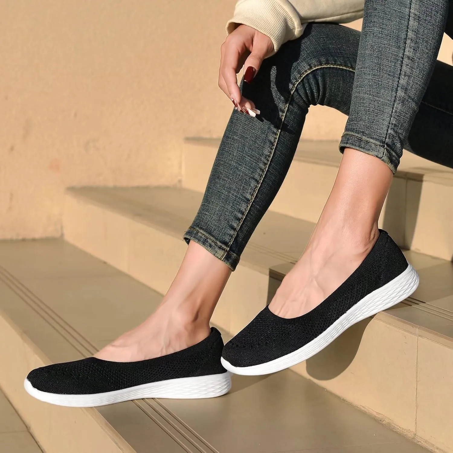 poemlady Women's Slip on Loafer Shoes - Mesh Casual Ballet Flat Nurse Walking Sneakers Round Toe Knit Casual Memory Foam Shoes