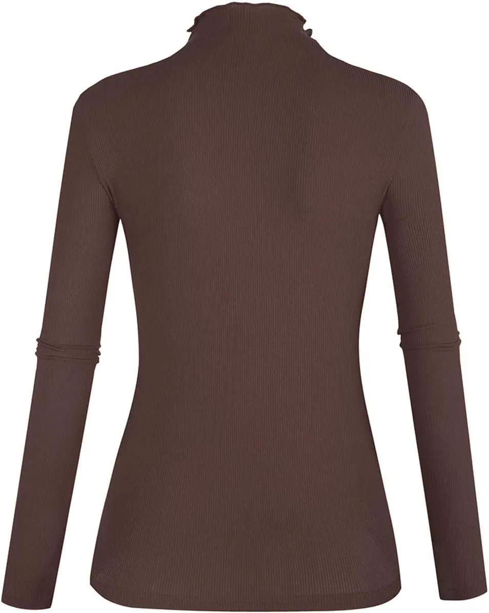 POPZONE Women's Lettuce Trim Mock Neck Long Sleeve Slim Fit Ribbed Knit Tee Shirt Tops