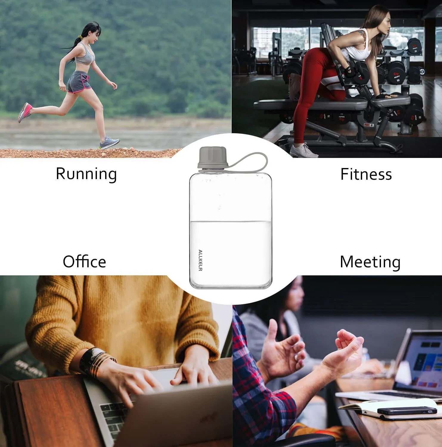 Portable Flat Water Bottle,BPA Free Reusable Tritan Plastic Travel Water Bottle Cup,Lightweight Leakproof Slim Water Bottle Fits Purse,Backpacking, Hiking (Gray, 17 oz)