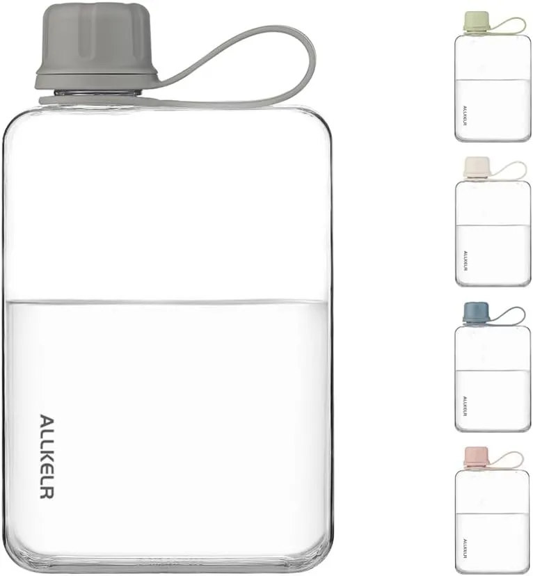 Portable Flat Water Bottle,BPA Free Reusable Tritan Plastic Travel Water Bottle Cup,Lightweight Leakproof Slim Water Bottle Fits Purse,Backpacking, Hiking (Gray, 17 oz)