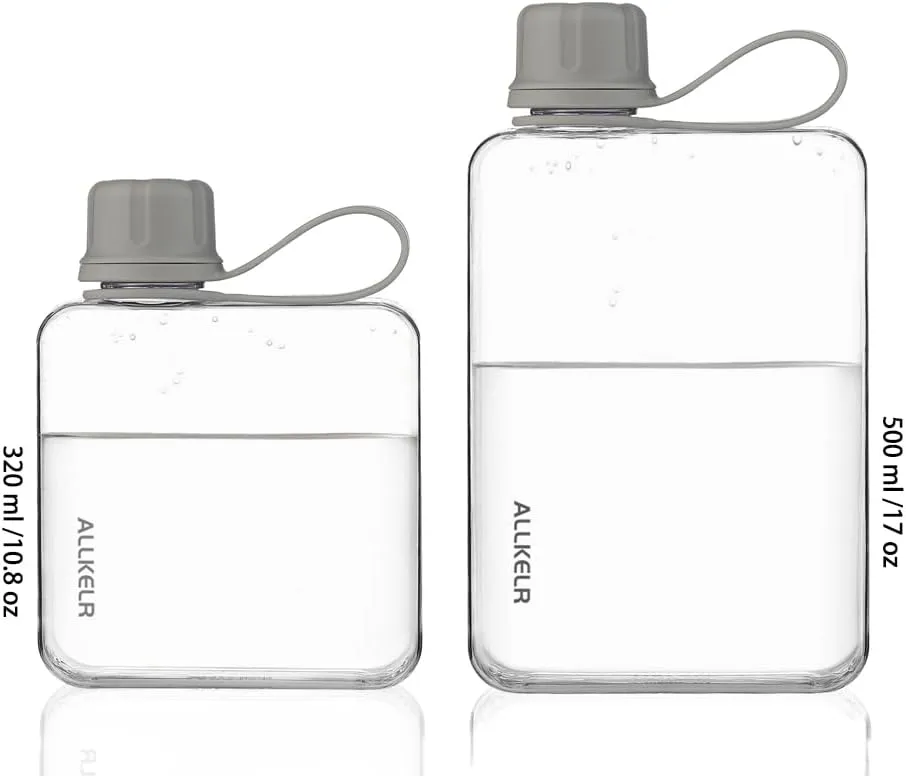 Portable Flat Water Bottle,BPA Free Reusable Tritan Plastic Travel Water Bottle Cup,Lightweight Leakproof Slim Water Bottle Fits Purse,Backpacking, Hiking (Gray, 17 oz)