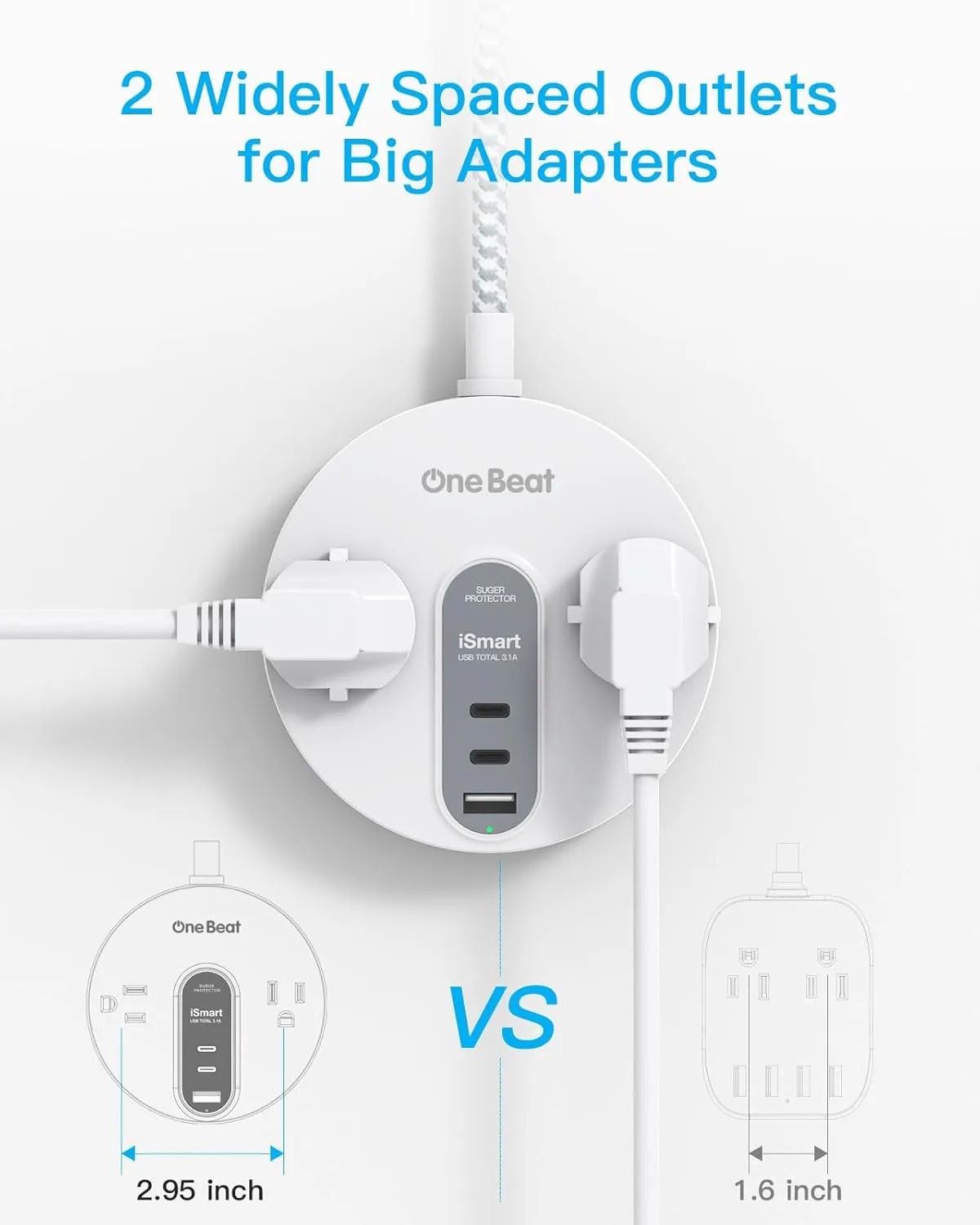 Power Strip Surge Protector with 2 USB C - Ultra Flat Plug Extension Cord with 2 Widely AC Outlets and 3 USB, Small Desktop Charging Station with 5 ft Power Cord, Compact for Travel Home Office Dorm