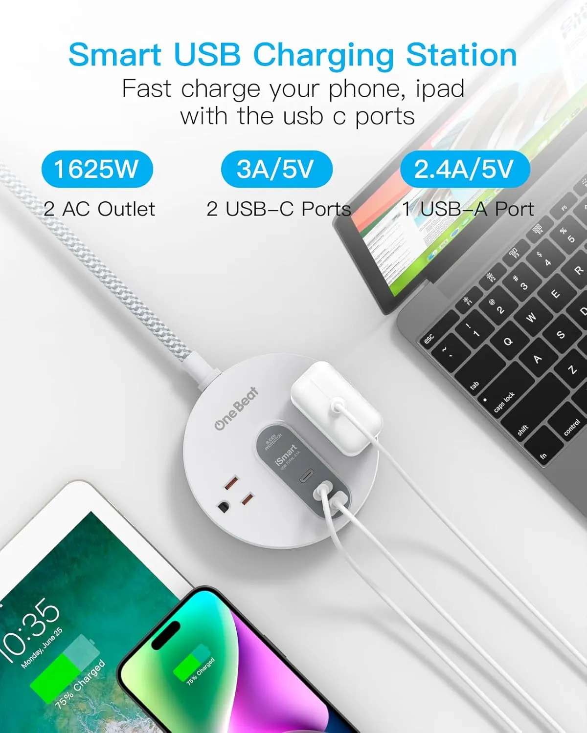 Power Strip Surge Protector with 2 USB C - Ultra Flat Plug Extension Cord with 2 Widely AC Outlets and 3 USB, Small Desktop Charging Station with 5 ft Power Cord, Compact for Travel Home Office Dorm