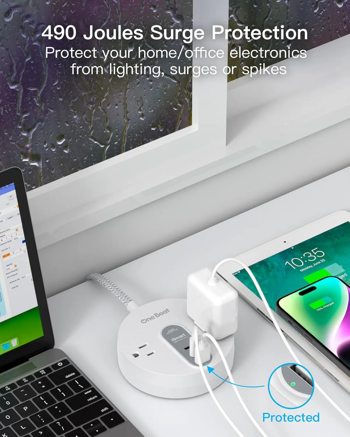 Power Strip Surge Protector with 2 USB C - Ultra Flat Plug Extension Cord with 2 Widely AC Outlets and 3 USB, Small Desktop Charging Station with 5 ft Power Cord, Compact for Travel Home Office Dorm