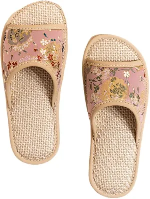 Premium Luxury Satin Silk Royal Flowers All Seasons Comfort Women's House Linen Slippers Indoor Soft Home Slip On Shoes