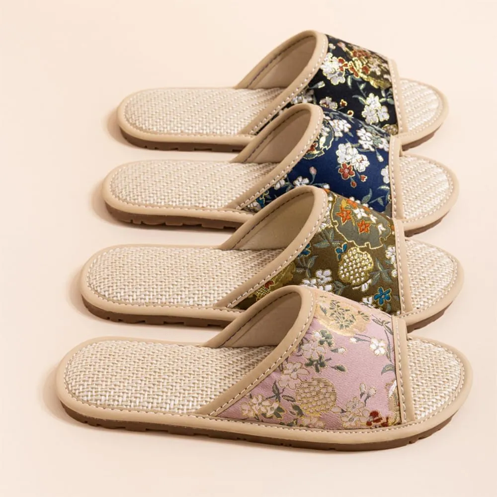 Premium Luxury Satin Silk Royal Flowers All Seasons Comfort Women's House Linen Slippers Indoor Soft Home Slip On Shoes