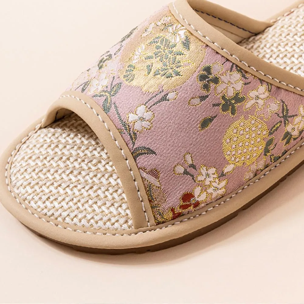 Premium Luxury Satin Silk Royal Flowers All Seasons Comfort Women's House Linen Slippers Indoor Soft Home Slip On Shoes