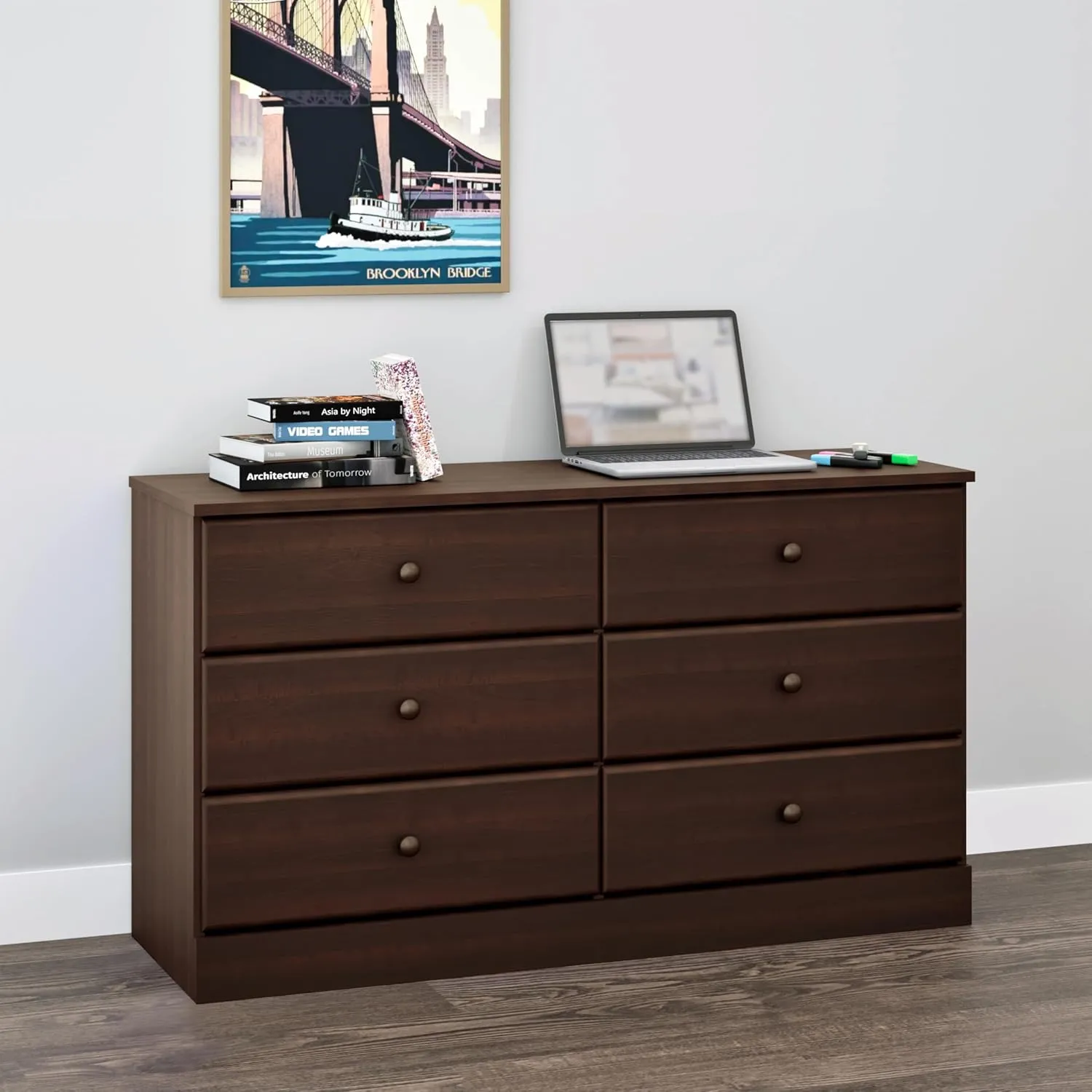 Prepac Astrid 6 Drawer Double Dresser for Bedroom, Wide Chest of Drawers, Bedroom Furniture, Clothes Storage and Organizer, 15.5" D x 47.5" W x 26.85" H, Espresso
