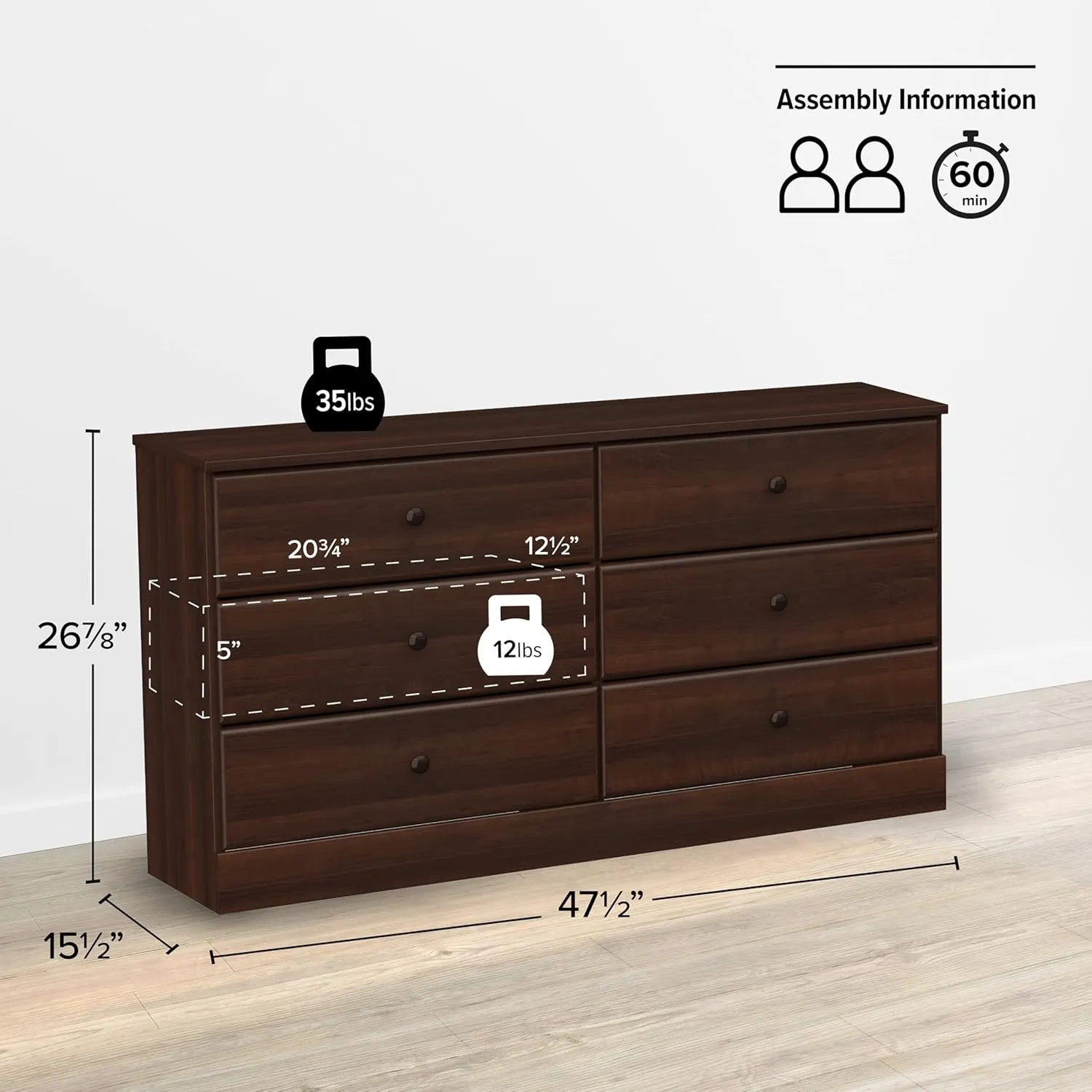 Prepac Astrid 6 Drawer Double Dresser for Bedroom, Wide Chest of Drawers, Bedroom Furniture, Clothes Storage and Organizer, 15.5" D x 47.5" W x 26.85" H, Espresso