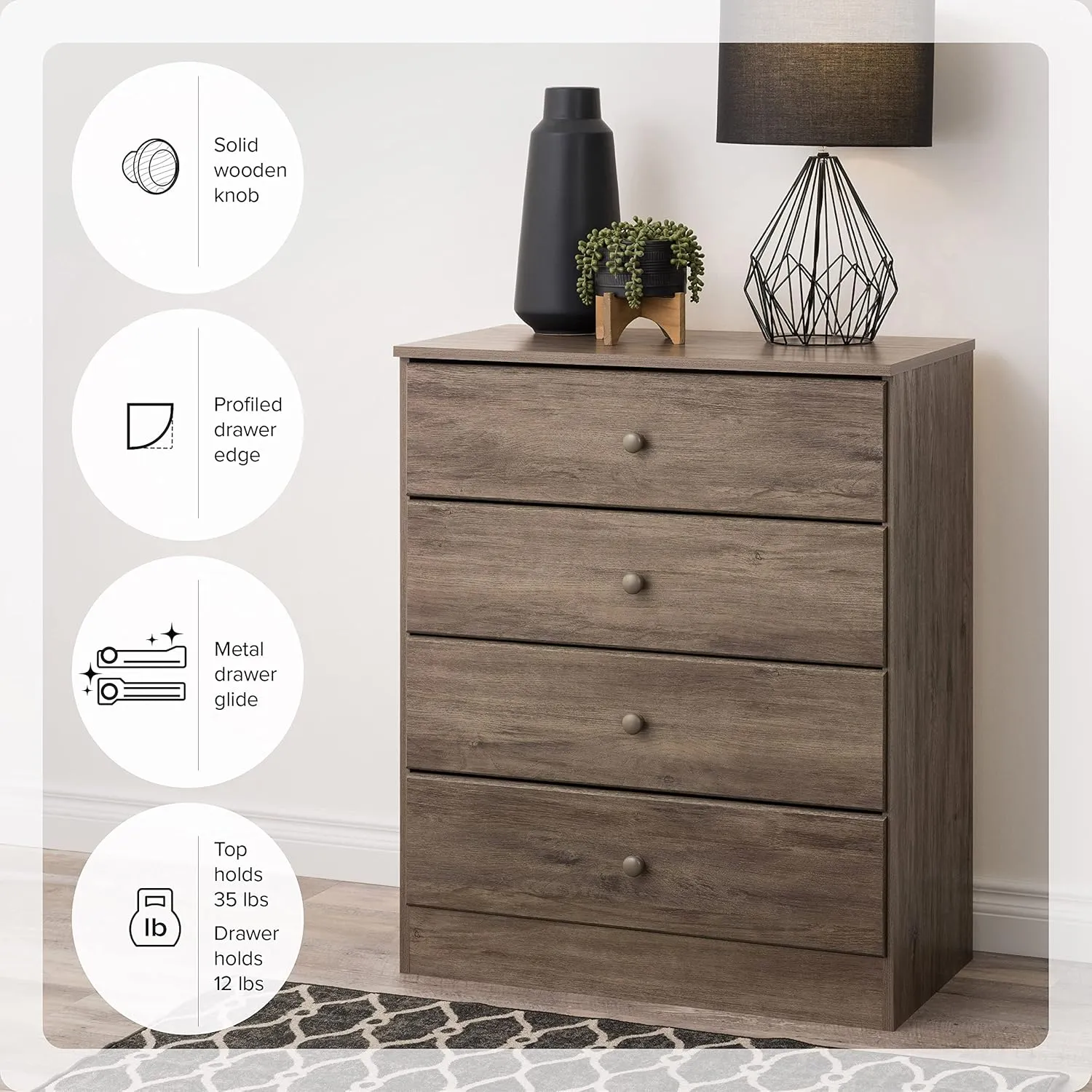Prepac Astrid Simplistic 4-Drawer Dresser for Bedroom, Functional Bedroom Dresser Chest of Drawers 18.25" D x 30" W x 34" H, Drifted Gray, DDBR-0401-1