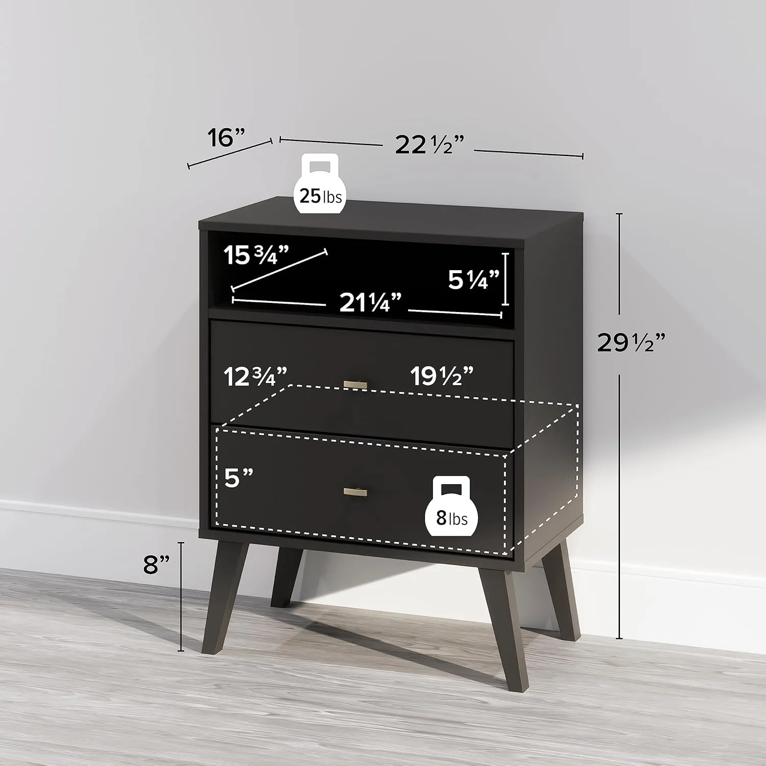 Prepac Milo Mid-Century Modern 2 Drawer Nightstand with Open Shelf, Bedside Table, Contemporary Bedroom Furniture, 16"D x 22.5"W x 29.5"H, Black