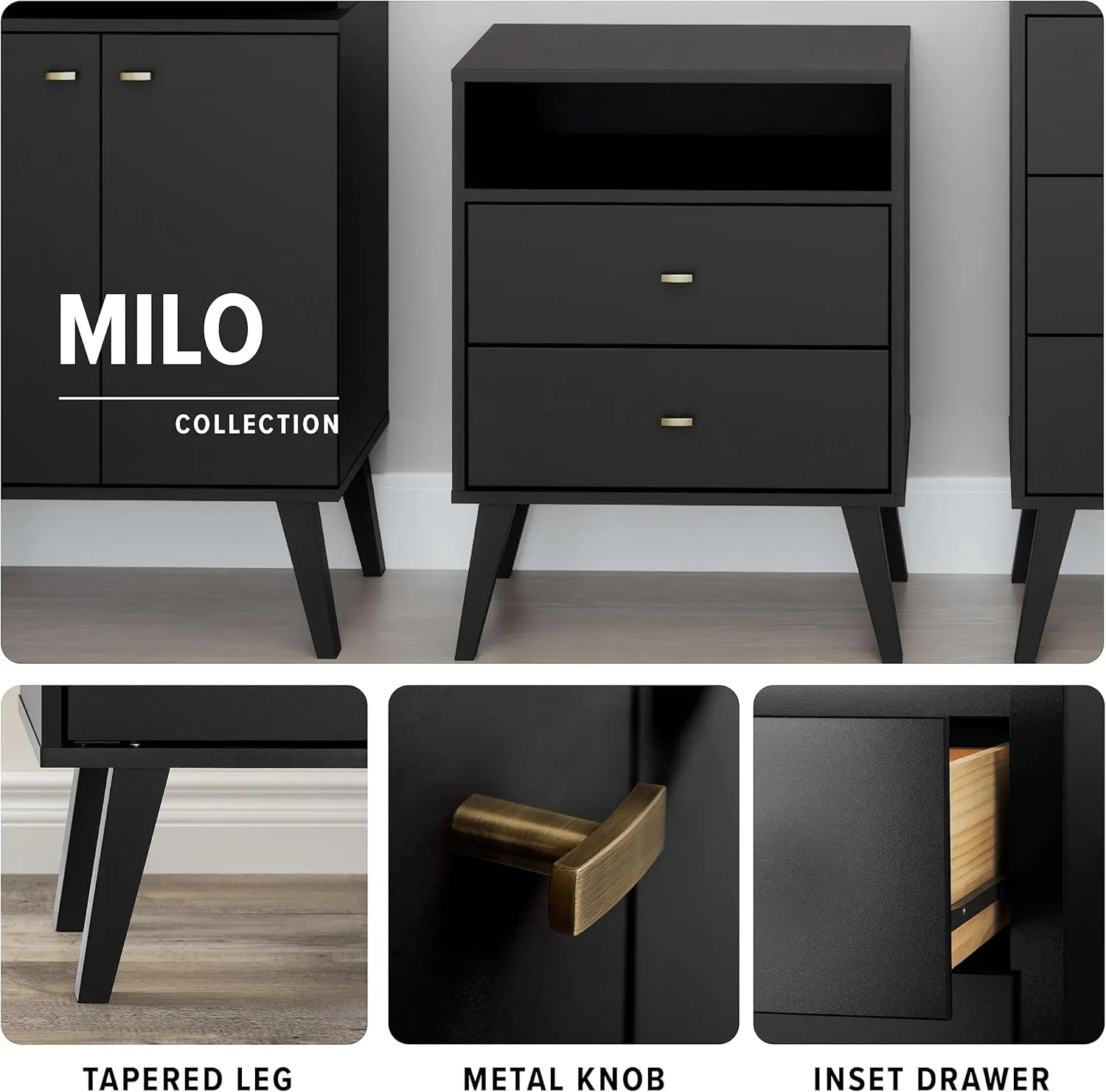 Prepac Milo Mid-Century Modern 2 Drawer Nightstand with Open Shelf, Bedside Table, Contemporary Bedroom Furniture, 16"D x 22.5"W x 29.5"H, Black