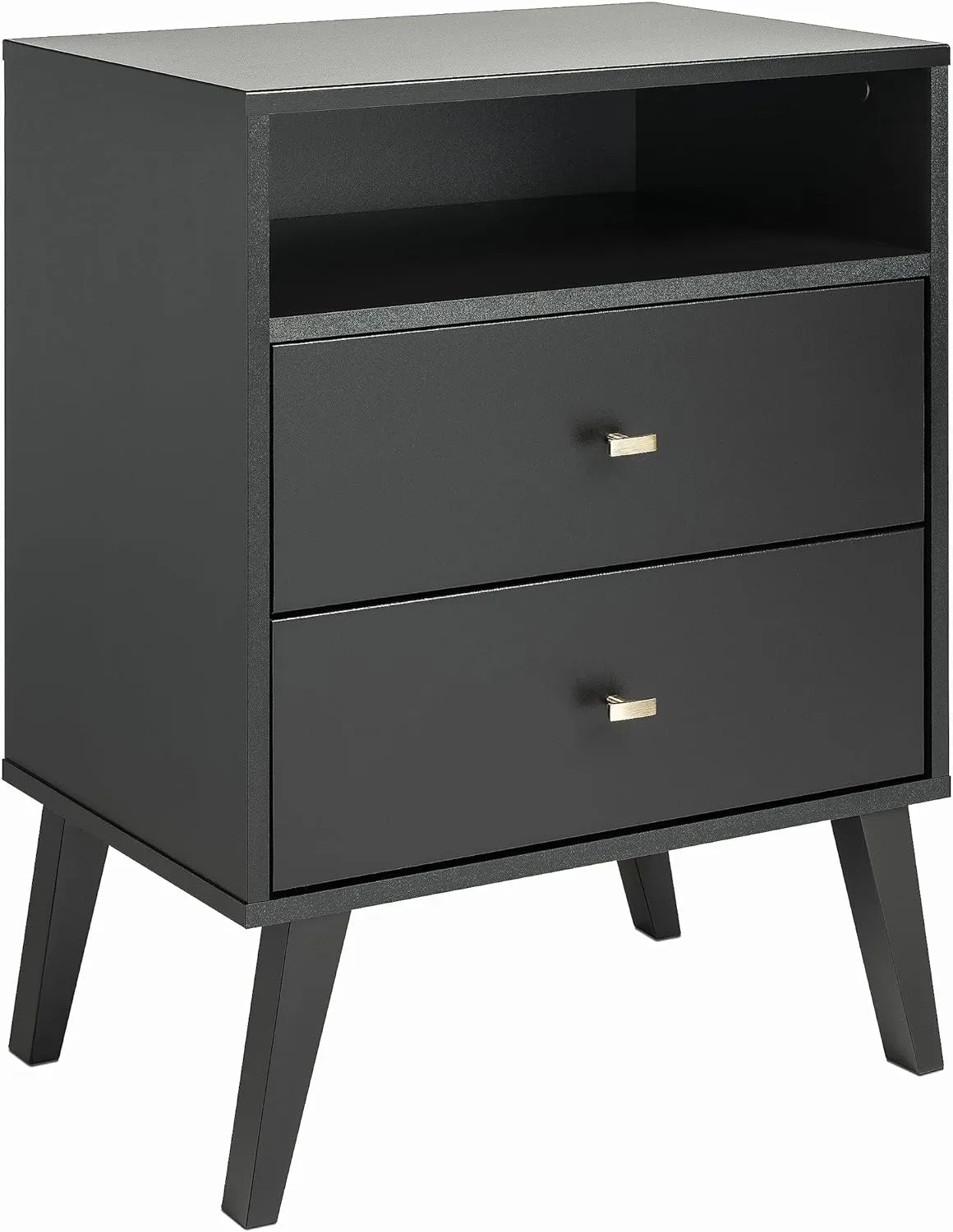 Prepac Milo Mid-Century Modern 2 Drawer Nightstand with Open Shelf, Bedside Table, Contemporary Bedroom Furniture, 16"D x 22.5"W x 29.5"H, Black