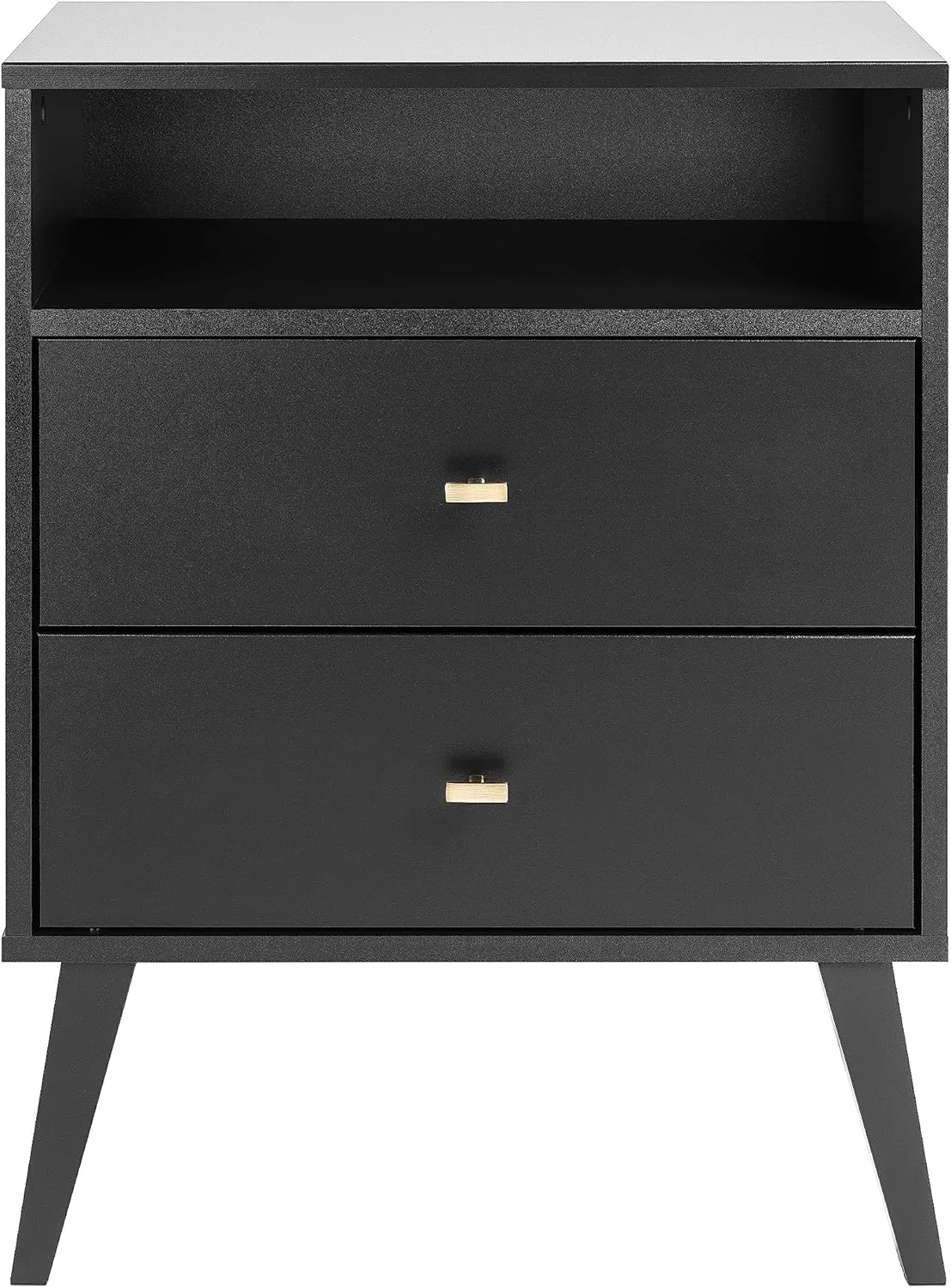 Prepac Milo Mid-Century Modern 2 Drawer Nightstand with Open Shelf, Bedside Table, Contemporary Bedroom Furniture, 16"D x 22.5"W x 29.5"H, Black