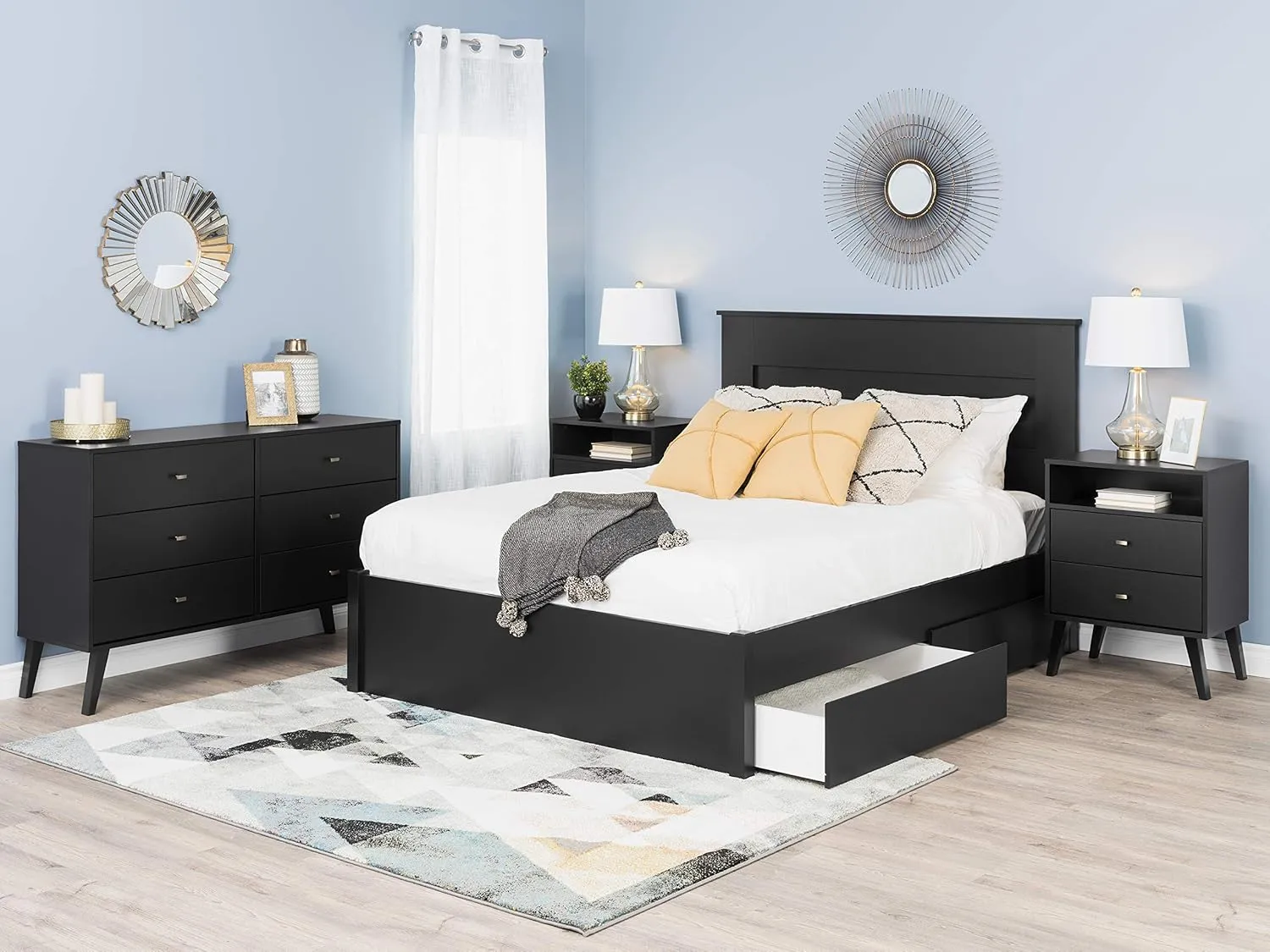 Prepac Milo Mid-Century Modern 2 Drawer Nightstand with Open Shelf, Bedside Table, Contemporary Bedroom Furniture, 16"D x 22.5"W x 29.5"H, Black