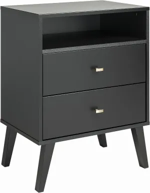Prepac Milo Mid-Century Modern 2 Drawer Nightstand with Open Shelf, Bedside Table, Contemporary Bedroom Furniture, 16"D x 22.5"W x 29.5"H, Black
