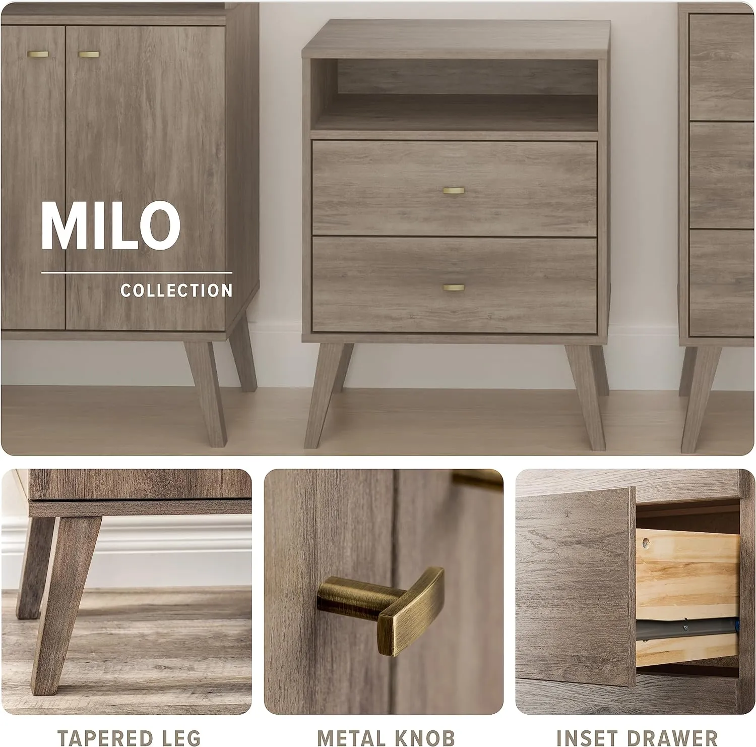 Prepac Milo Mid-Century Modern 2 Drawer Nightstand with Open Shelf, Bedside Table, Contemporary Bedroom Furniture, 16"D x 22.5"W x 29.5"H, Drifted Gray