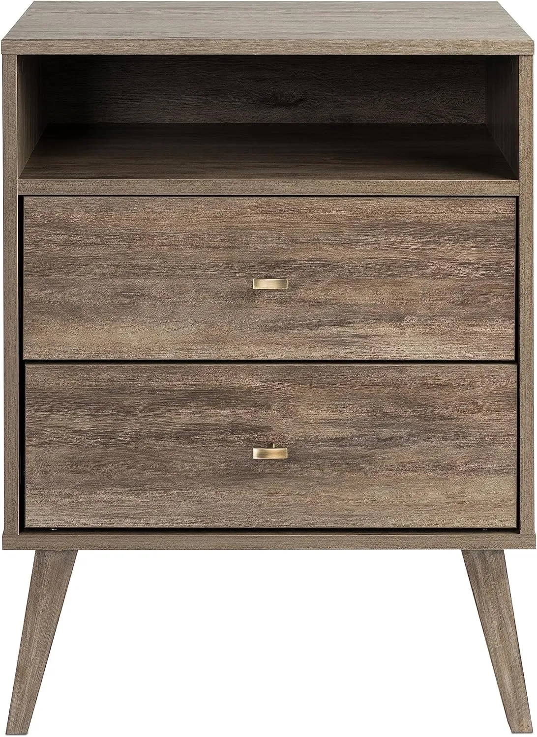 Prepac Milo Mid-Century Modern 2 Drawer Nightstand with Open Shelf, Bedside Table, Contemporary Bedroom Furniture, 16"D x 22.5"W x 29.5"H, Drifted Gray