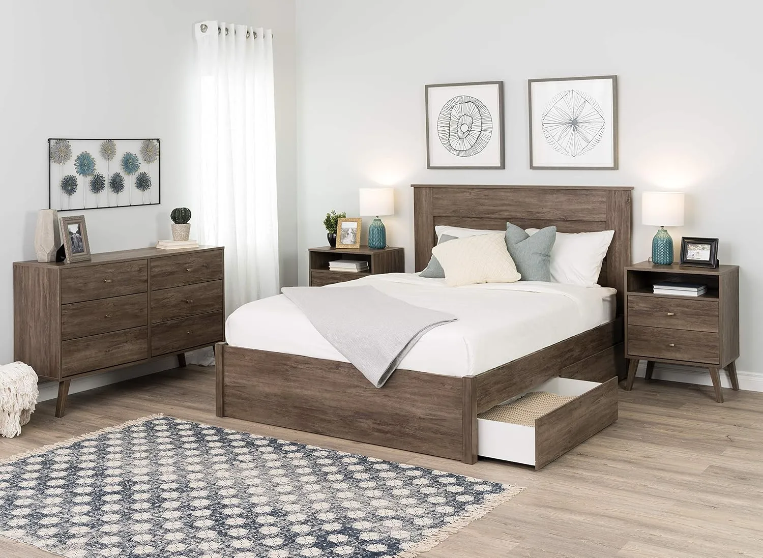 Prepac Milo Mid-Century Modern 2 Drawer Nightstand with Open Shelf, Bedside Table, Contemporary Bedroom Furniture, 16"D x 22.5"W x 29.5"H, Drifted Gray