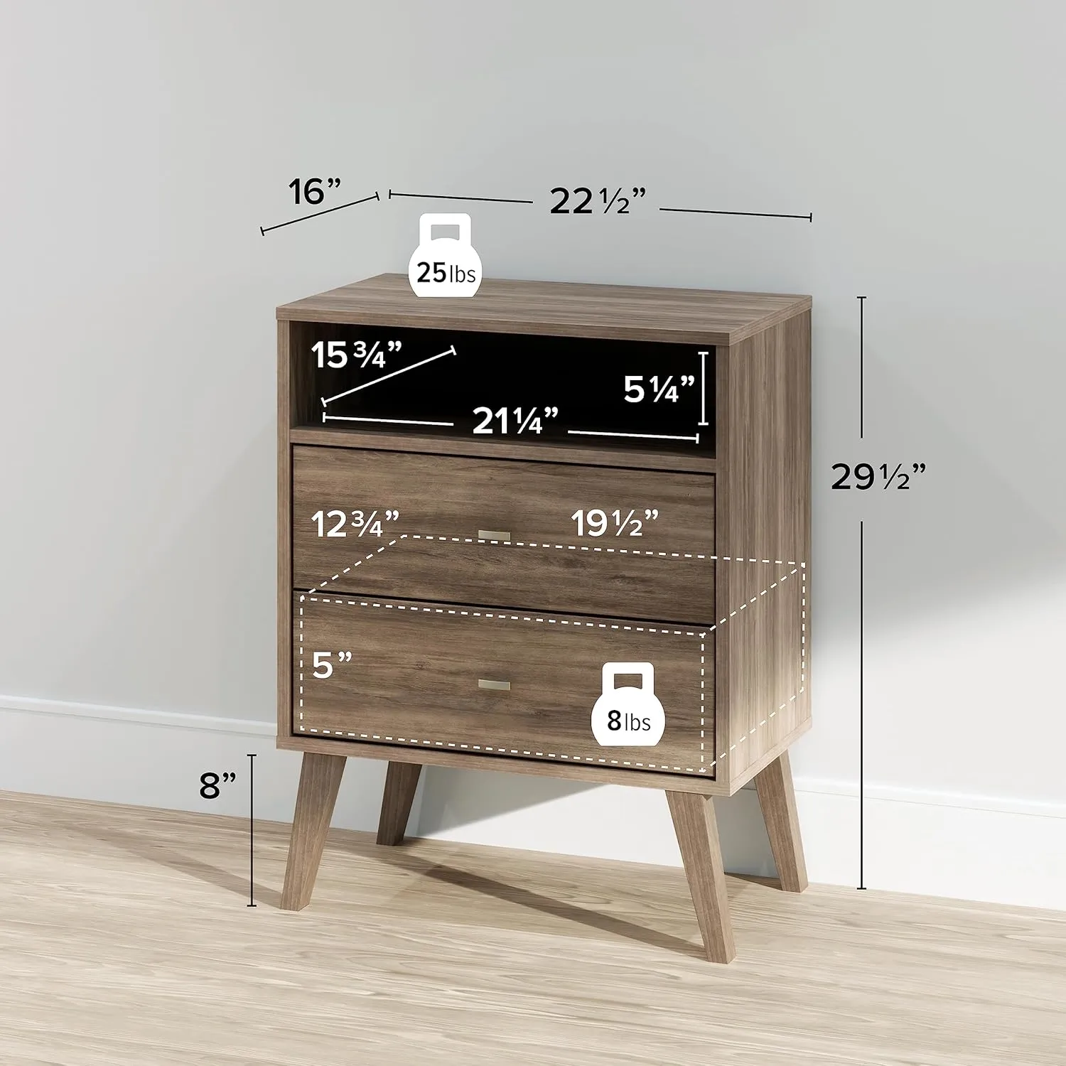 Prepac Milo Mid-Century Modern 2 Drawer Nightstand with Open Shelf, Bedside Table, Contemporary Bedroom Furniture, 16"D x 22.5"W x 29.5"H, Drifted Gray