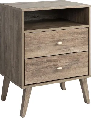 Prepac Milo Mid-Century Modern 2 Drawer Nightstand with Open Shelf, Bedside Table, Contemporary Bedroom Furniture, 16"D x 22.5"W x 29.5"H, Drifted Gray
