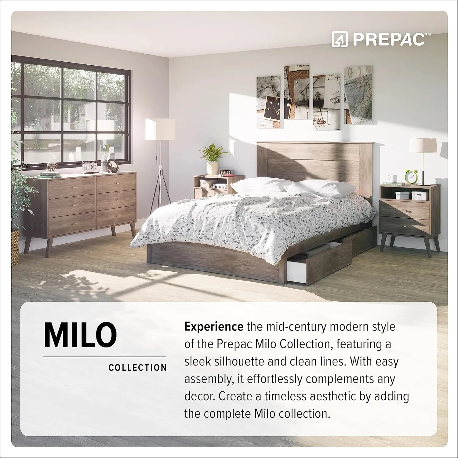 Prepac Milo Mid-Century Modern 2 Drawer Nightstand with Open Shelf, Bedside Table, Contemporary Bedroom Furniture, 16"D x 22.5"W x 29.5"H, Drifted Gray