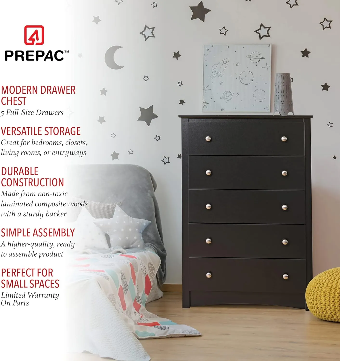 Prepac Sonoma 5-Drawer Chest and Tall Nightstand, Black