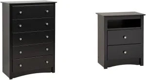 Prepac Sonoma 5-Drawer Chest and Tall Nightstand, Black
