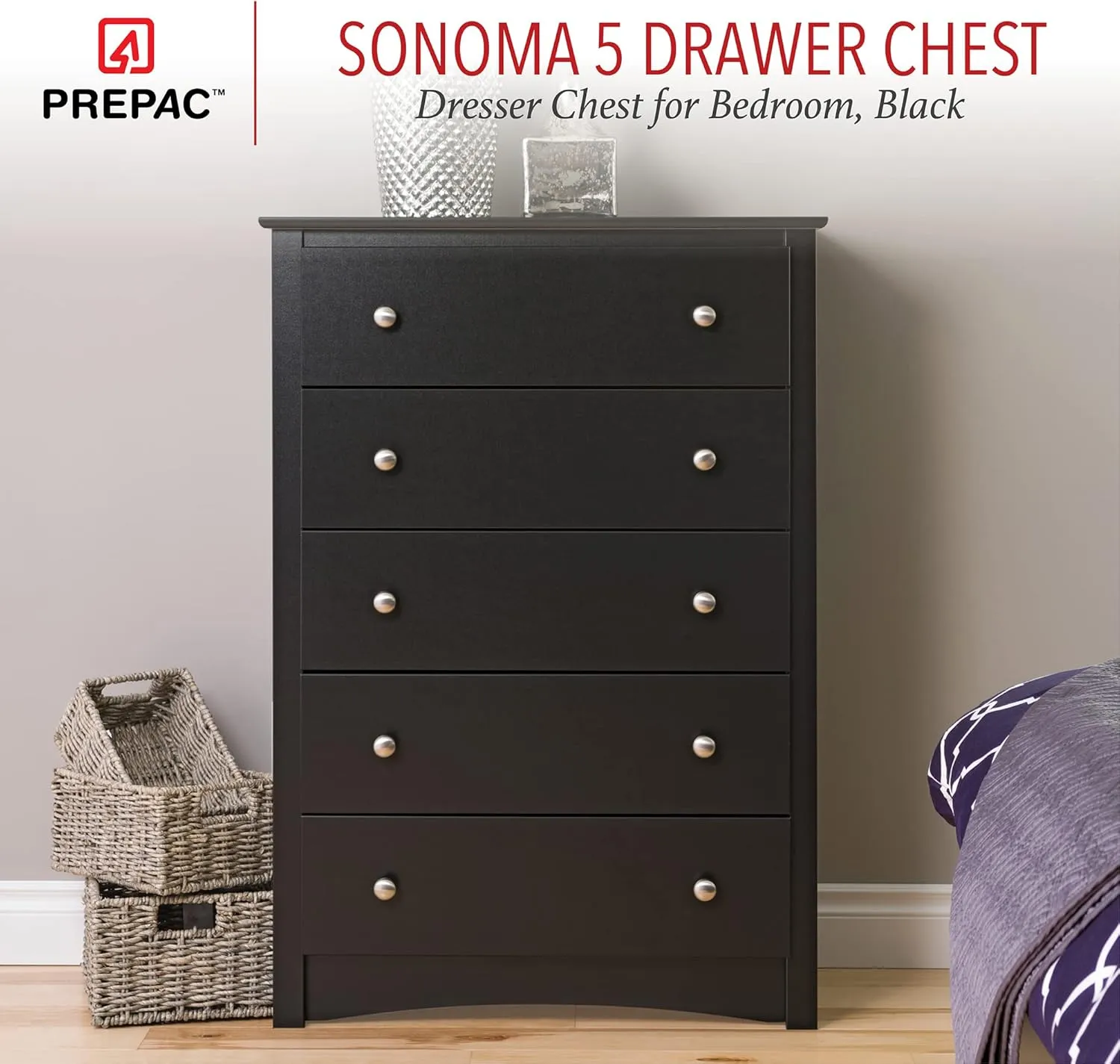 Prepac Sonoma 5-Drawer Chest and Tall Nightstand, Black